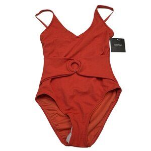 Ellen Tracy Swimsuit Women 8 Earthly Red Textured One Piece‎ O Ring Belted Beach